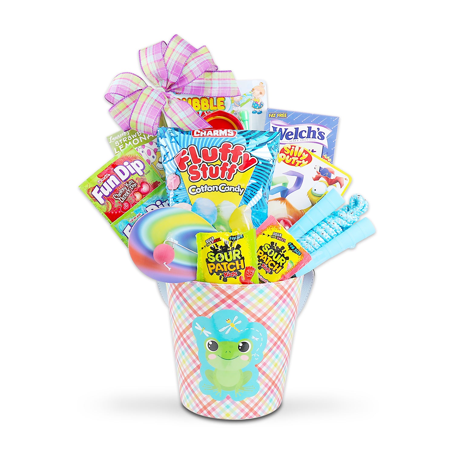 Charms Fluffy Stuff Cotton Candy (2.5oz.), 2 Fun Dip (0.43oz.), Sour Patch & Swedish Fish Fun Size Assorted Candy (2pcs.), Lauren’s Strawberry Lemonade (1oz.), Red Vines Licorice (4oz.) Jump Rope, Classic Putty, 3 Way Bubbles, Paddle Ball, Colorful Gingham Basket