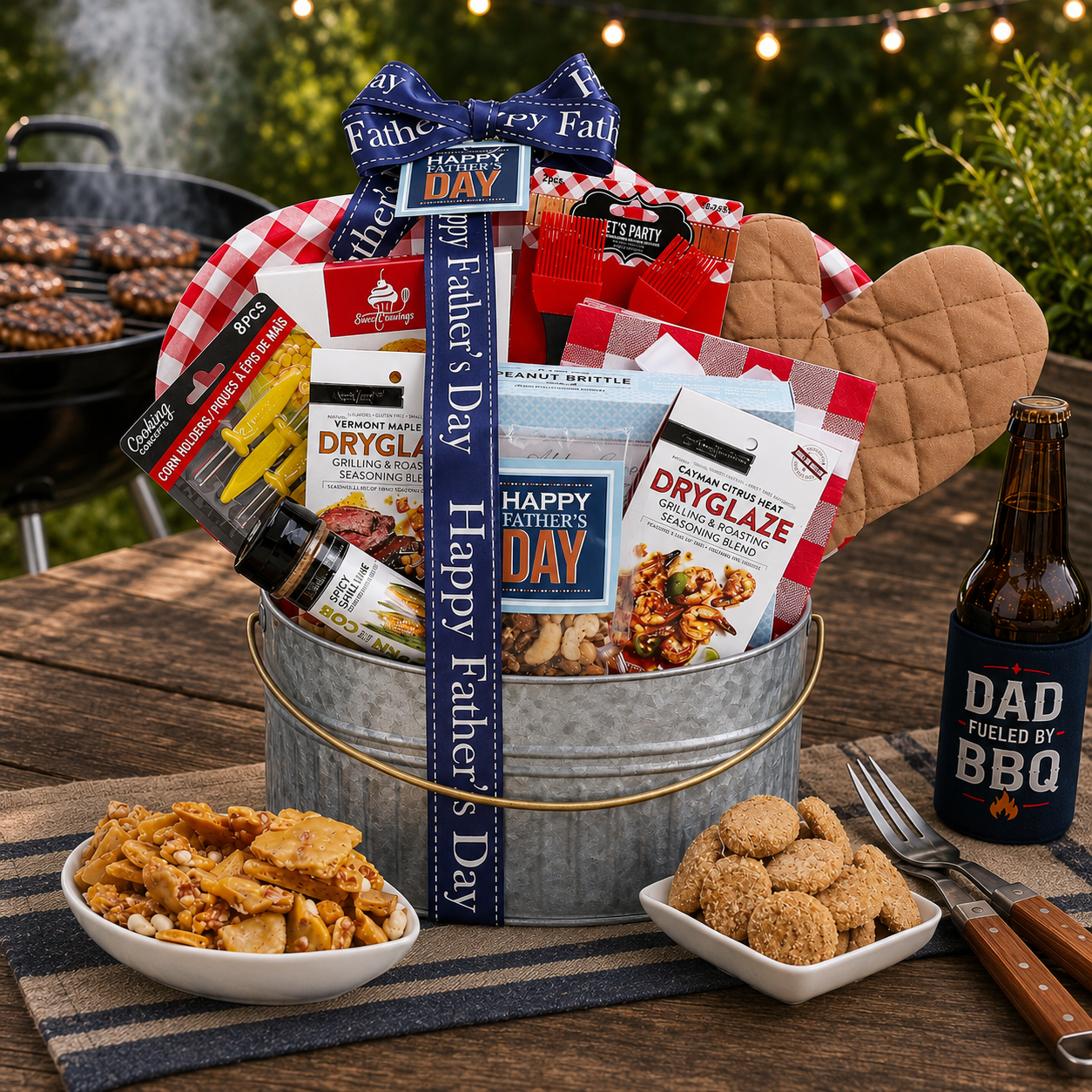 Father's Day gift basket with barbecue-themed items on a wooden table outdoors.