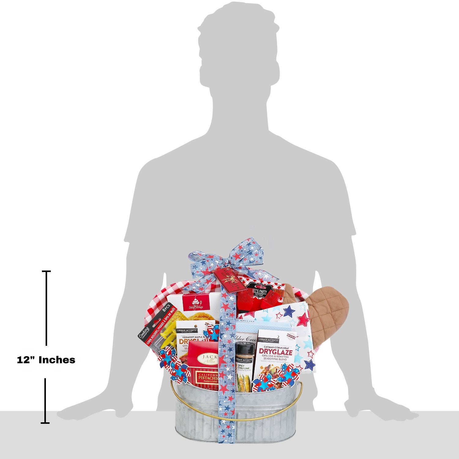 Gift basket with a person silhouette and measurement label on a white background