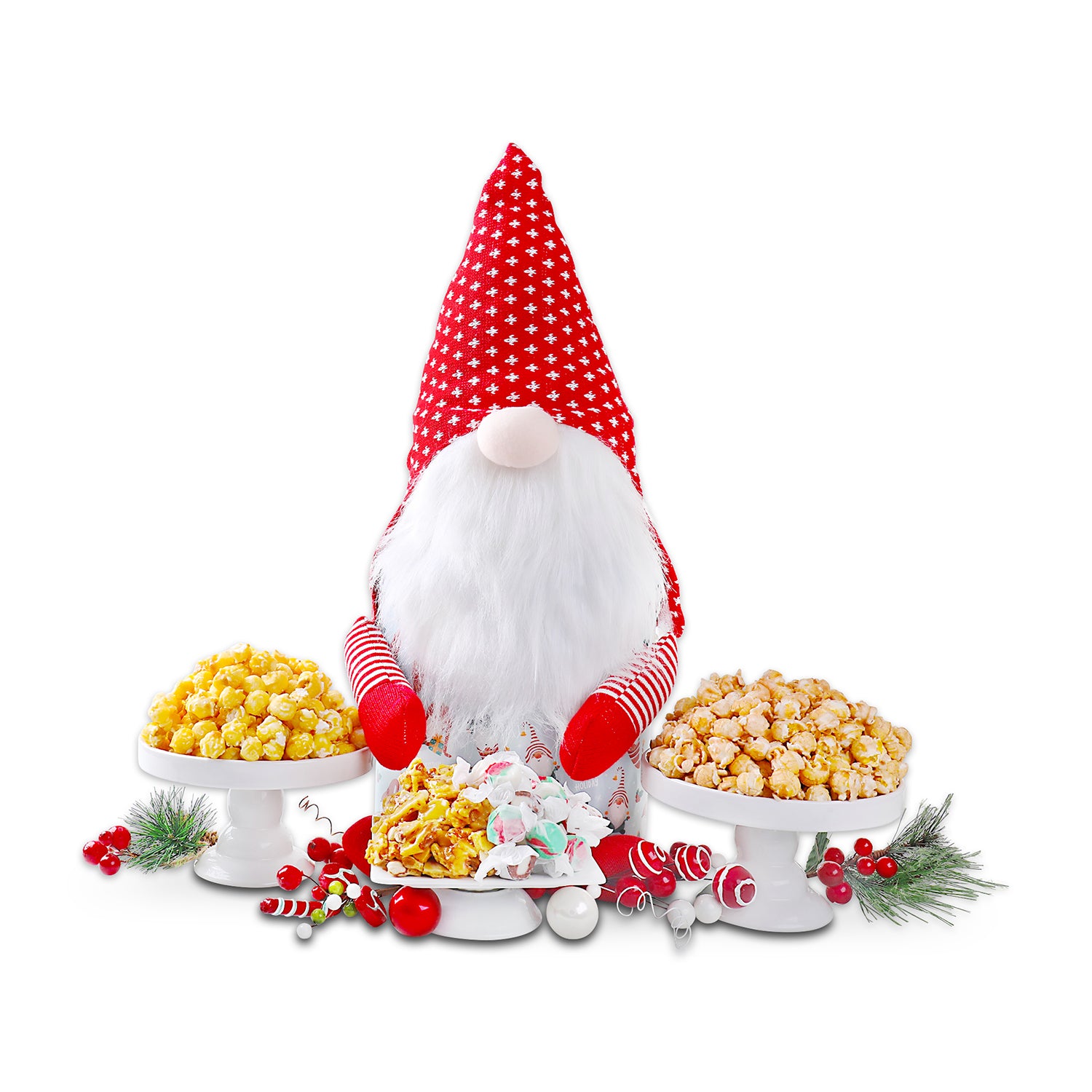 Cinnamon Sugar Churro Popcorn (6oz.), Butter Toffee Popcorn (6oz.), Festive Holiday Salt Water Taffy (3.5oz.), Old Fashion Peanut Brittle (4oz.), Gnome with red and white hat Tower