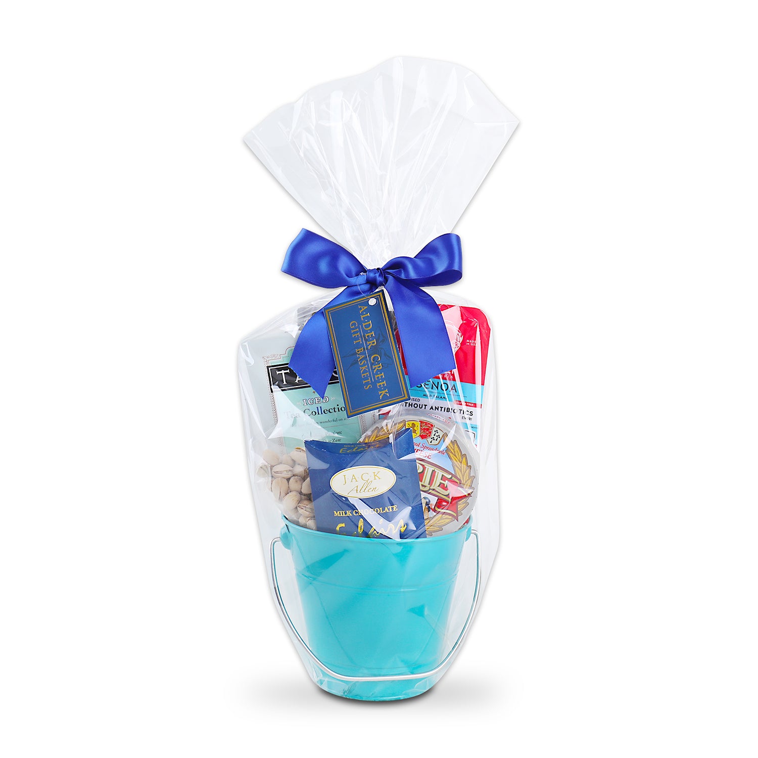 Gift basket wrappled in plastic and tied with blue bow