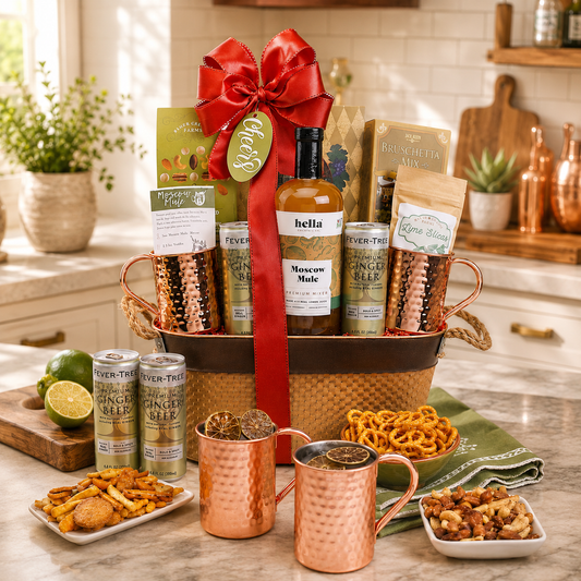 Gourmet gift basket with copper mugs, snacks, and drinks on a kitchen counter.