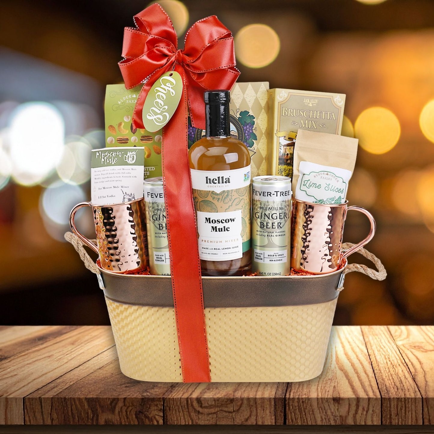 gift basket displayed on wood table top
