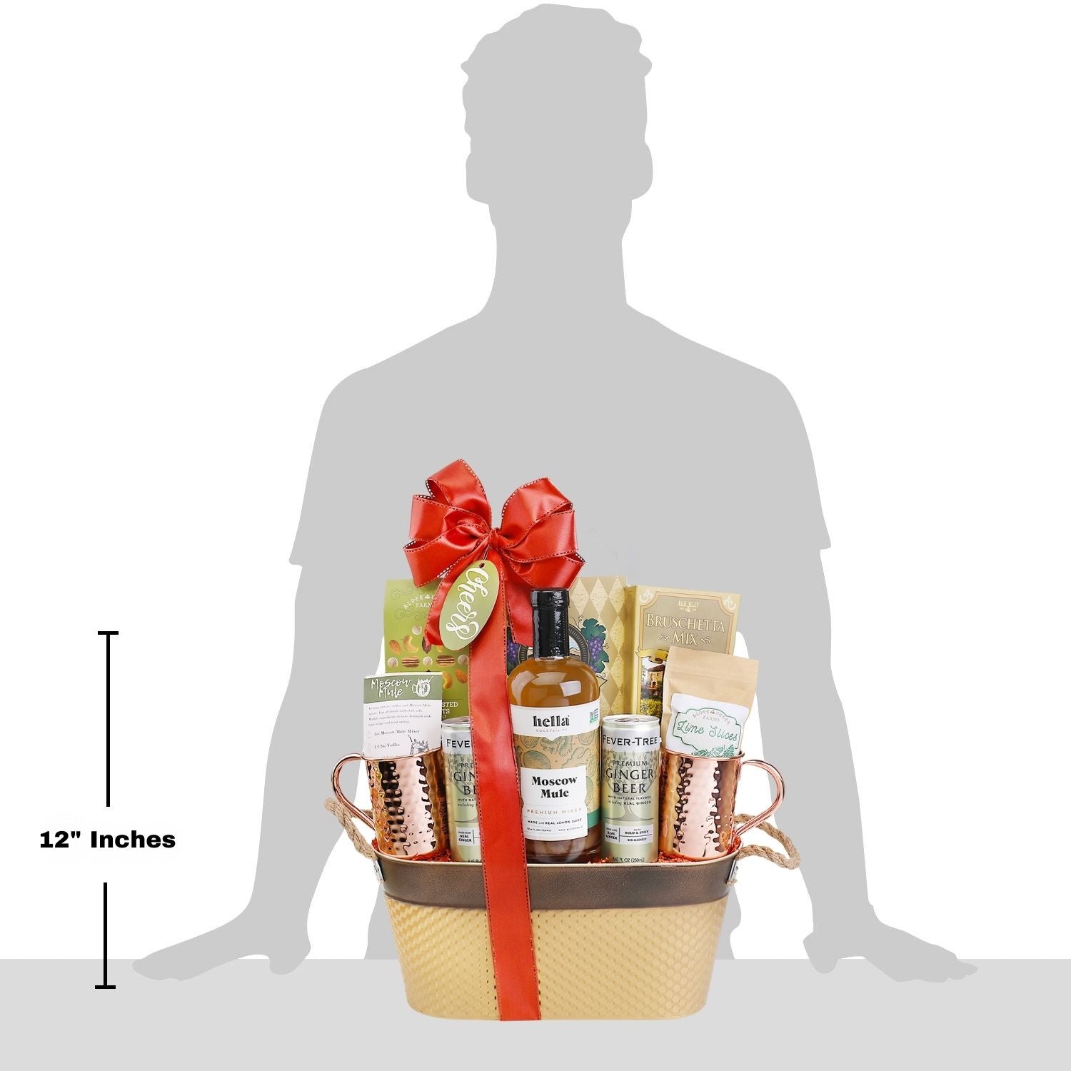 gift basket displayed with grey man to illustrate basket height