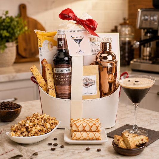 Gift basket with coffee-themed items including a bottle of Fever-Tree mix, a cocktail shaker, and a glass of espresso martini on a kitchen counter.