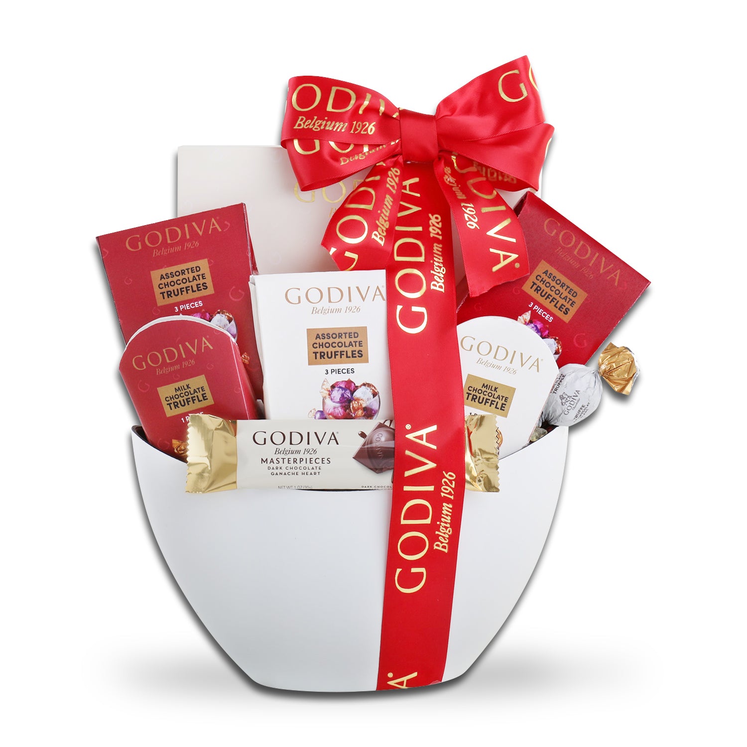 Image of gift basket with contents displayed in white container with red bow