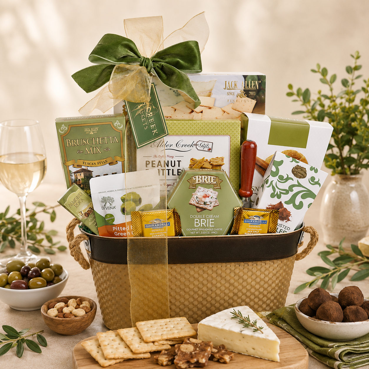 Gift basket with snacks and a glass of wine on a table.