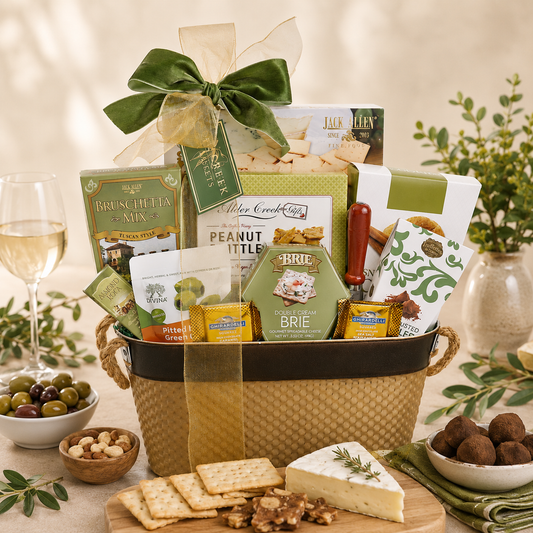 Gift basket with snacks and a glass of wine on a table.