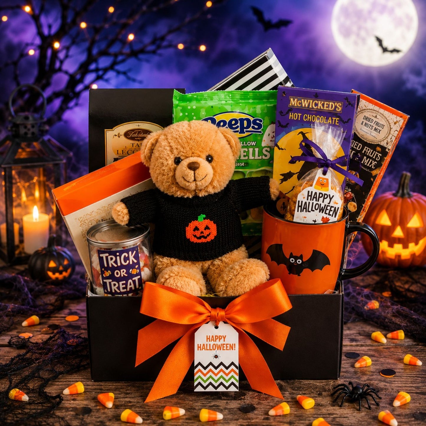 A Halloween-themed gift basket filled with treats and toys, including a teddy bear in a black sweater with a pumpkin graphic, a mug with a bat design, candy canes, Peeps, McWicked's hot chocolate, and a bag of candy. The basket is decorated with an orange ribbon and a 'Happy Halloween' tag, set against a spooky night background with a full moon, bats, and a lit jack-o'-lantern.