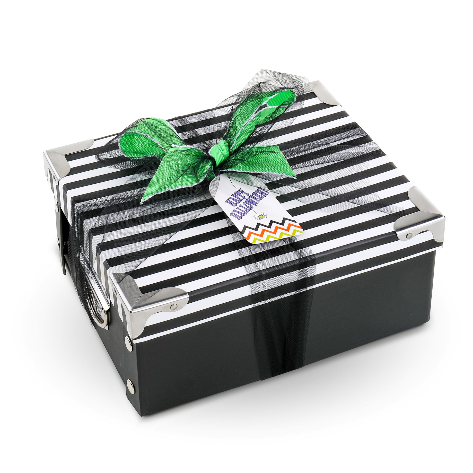 A black and white striped gift box with silver metal corner protectors, and tied with a bright green ribbon and a 'Happy Birthday' tag, on a white background.
