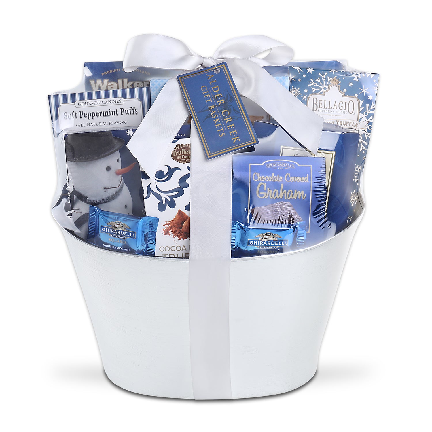 gift basket shrink wrapped and tied with silver bow