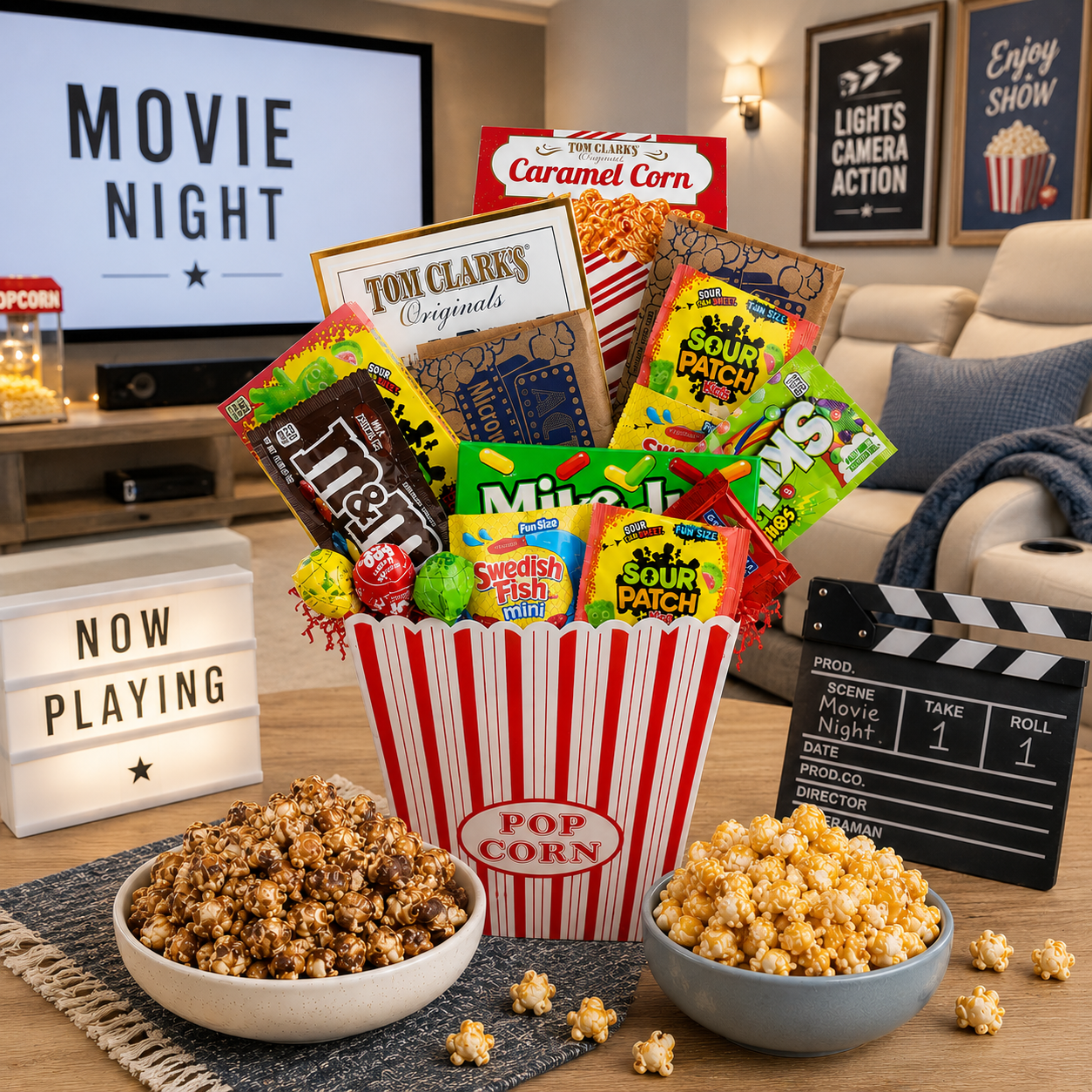 Movie night setup with snacks, popcorn, and movie theater paraphernalia in a living room.