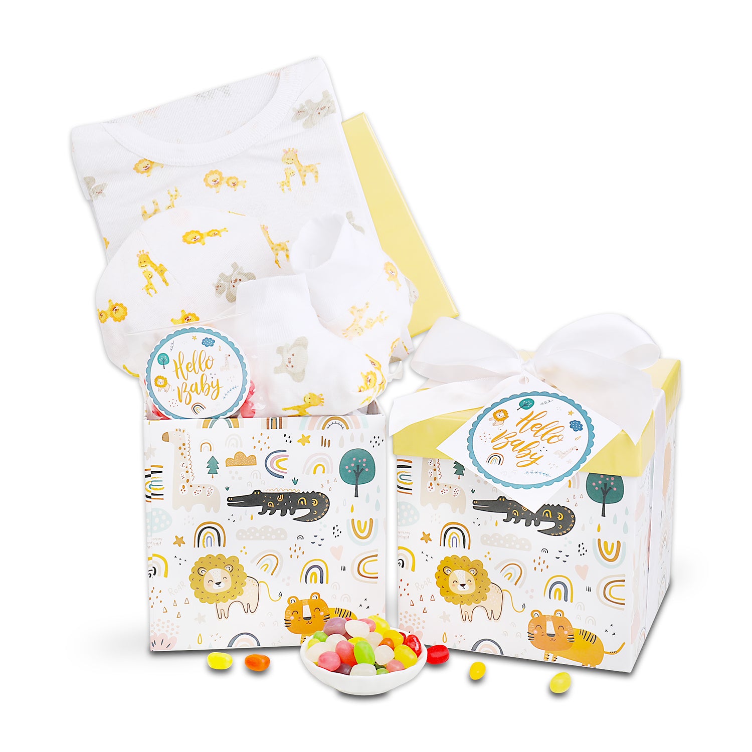 Baby gift set with baby blanket, box, and candy on a white background