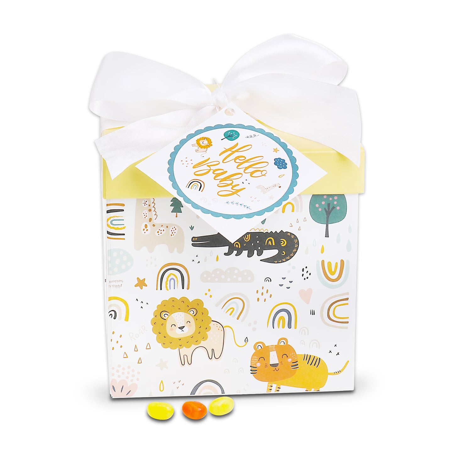 Baby shower gift set with animal-themed packaging on a white background