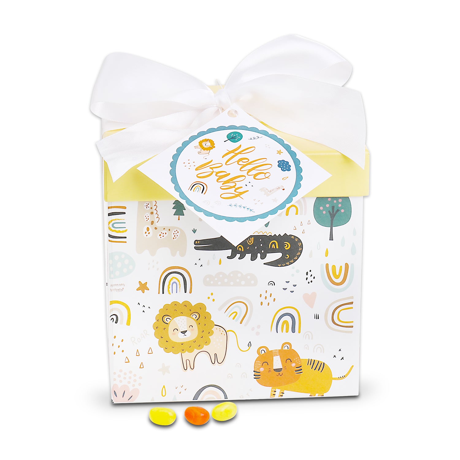 Baby shower gift set with animal-themed packaging on a white background