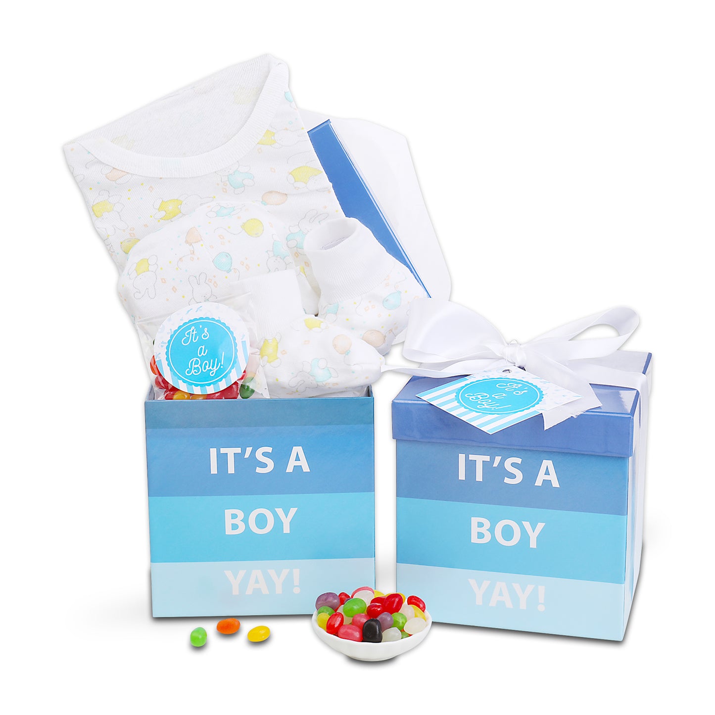 Baby shower gift set with baby blanket, socks, and candy in a 'It's a Boy' box.