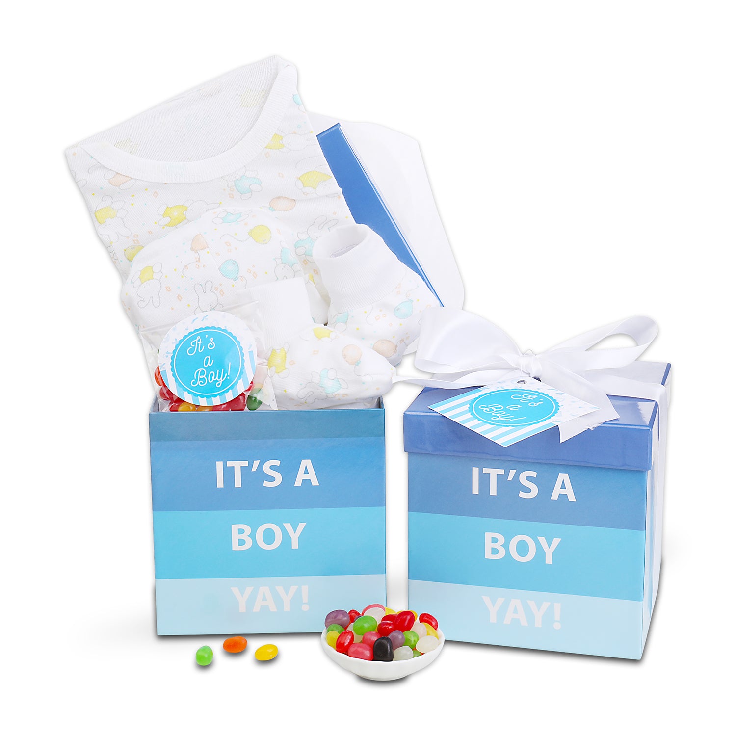 Baby shower gift set with baby blanket, socks, and candy in a 'It's a Boy' box.
