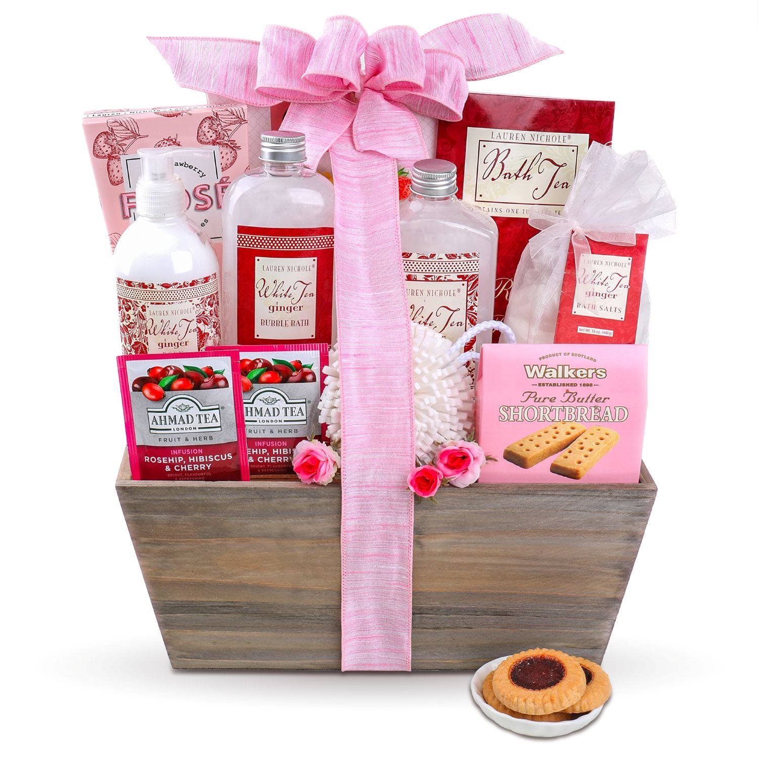 Gift basket with tea, soap, and cookies on a white background