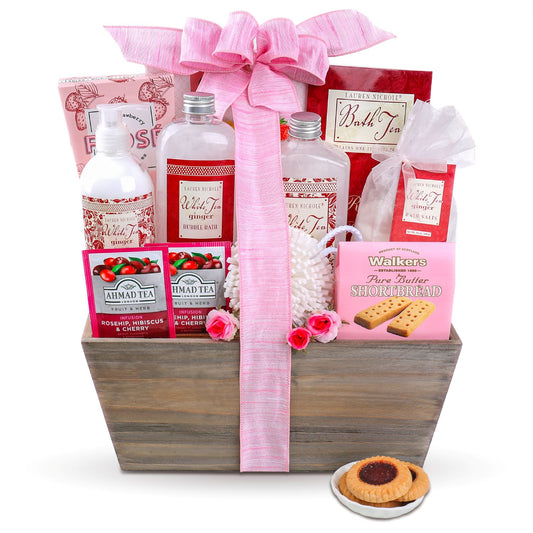 Gift basket with tea, soap, and cookies on a white background