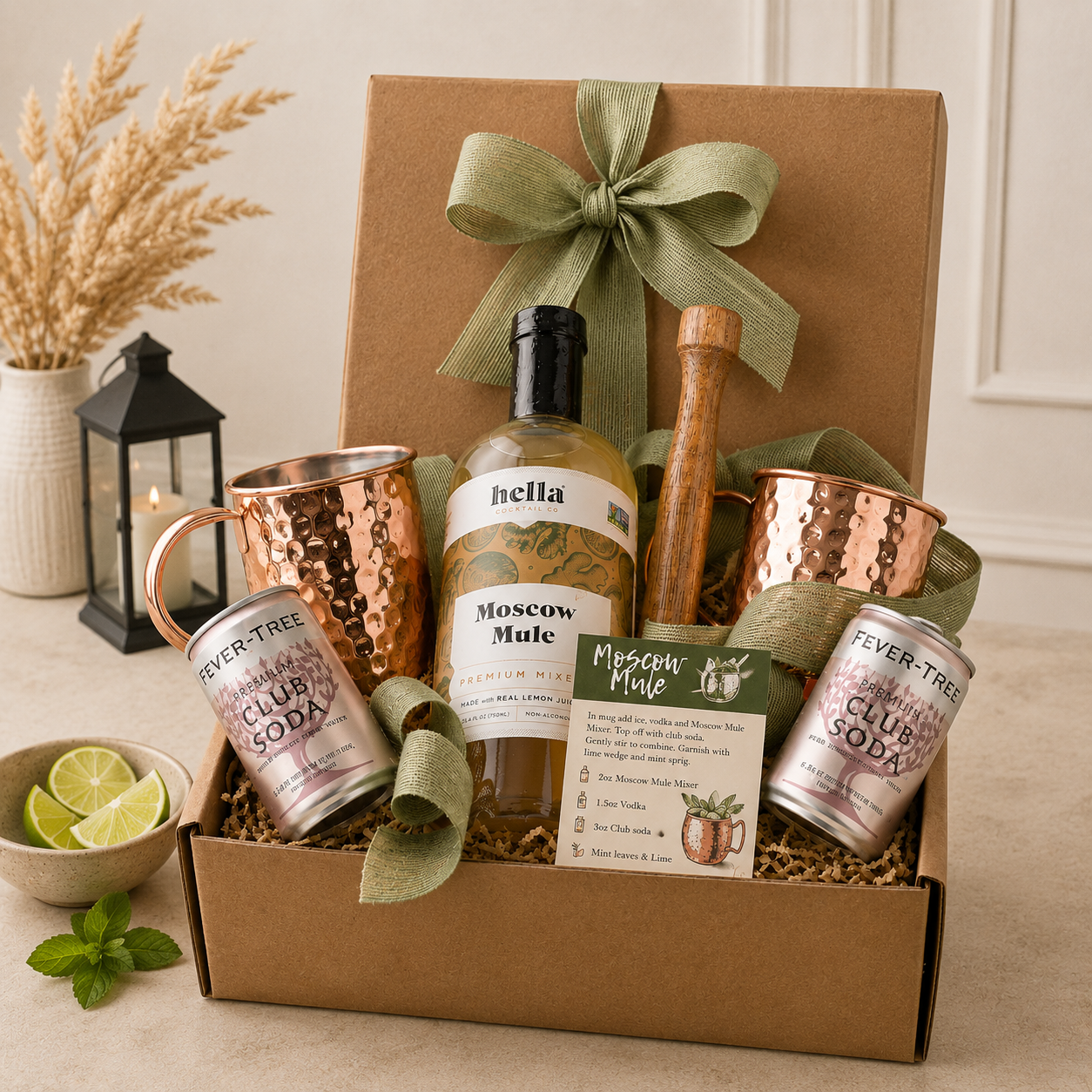 Gift basket with Moscow Mule ingredients including a bottle of mixer, mugs, and club soda, tied with a green ribbon.