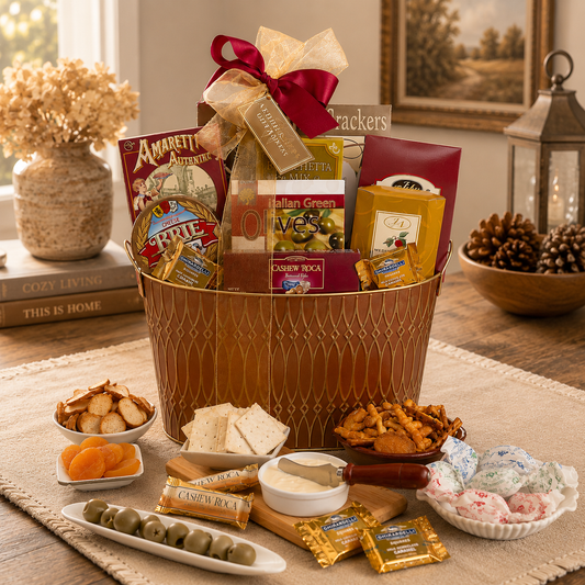Gourmet gift basket with snacks and treats on a table