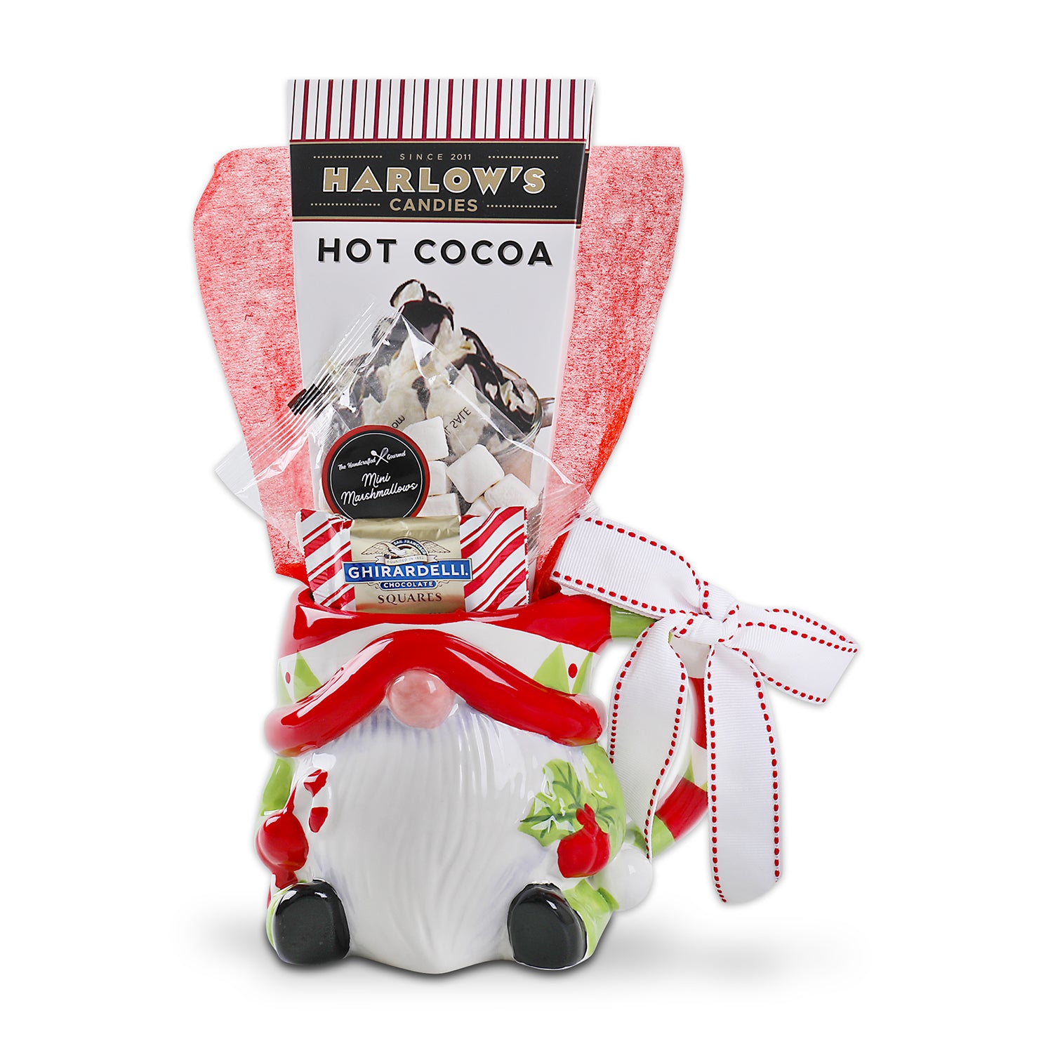 Harlow’s Hot Cocoa Drink Mix (1pc), Ghirardelli Peppermint Bark Tasting Square (.405oz), Marshmallow Bag (1oz),  in a red and green Ceramic Gnome Mug