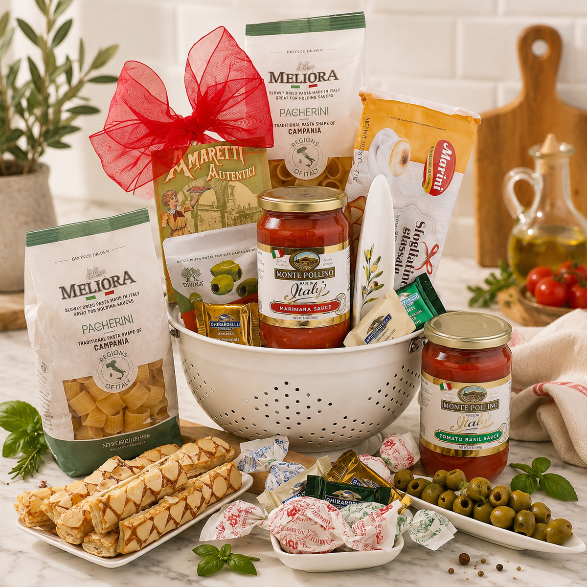 Gourmet gift basket with pasta, snacks, and condiments on a kitchen counter.