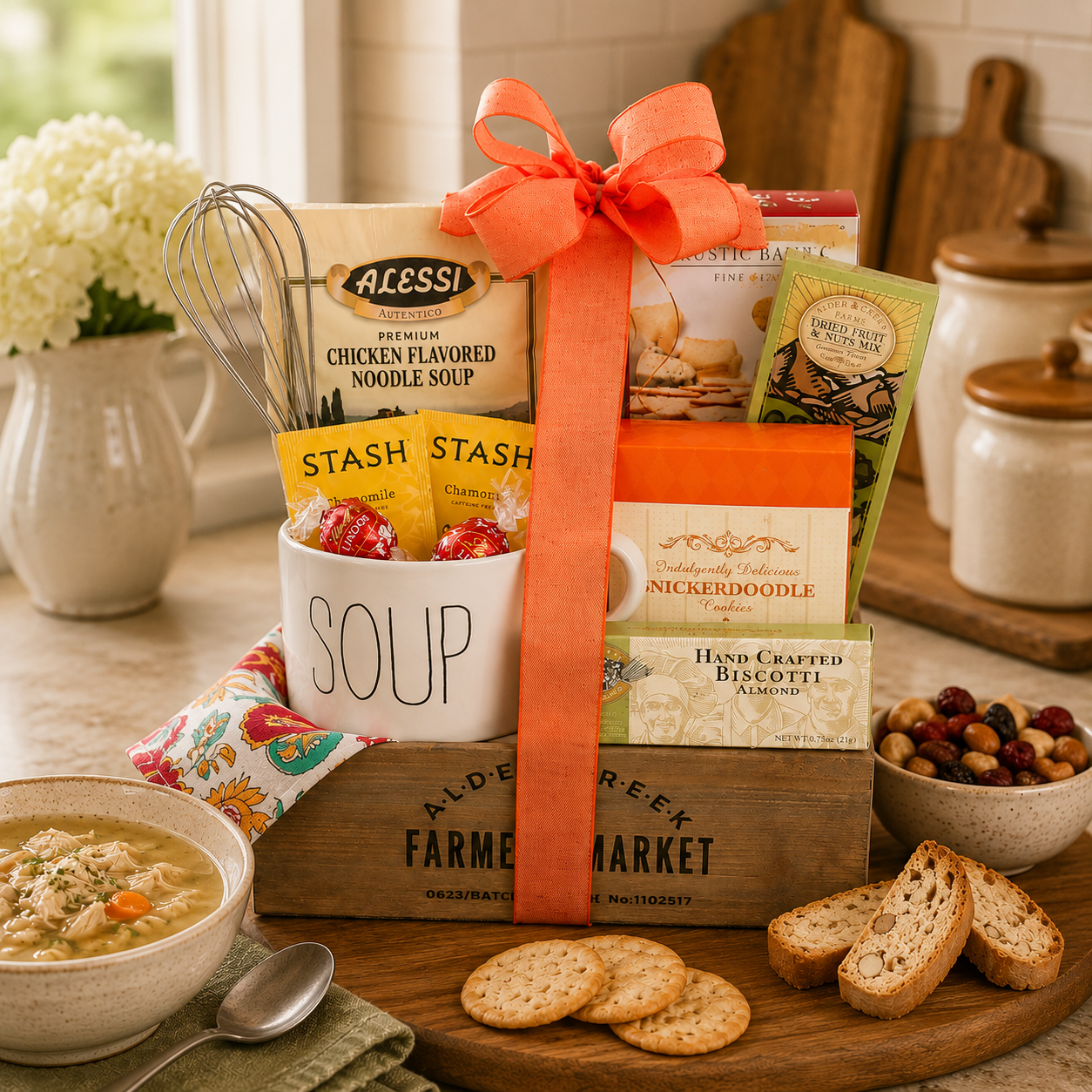 Gift basket with soup ingredients and a bowl of soup on a kitchen counter.