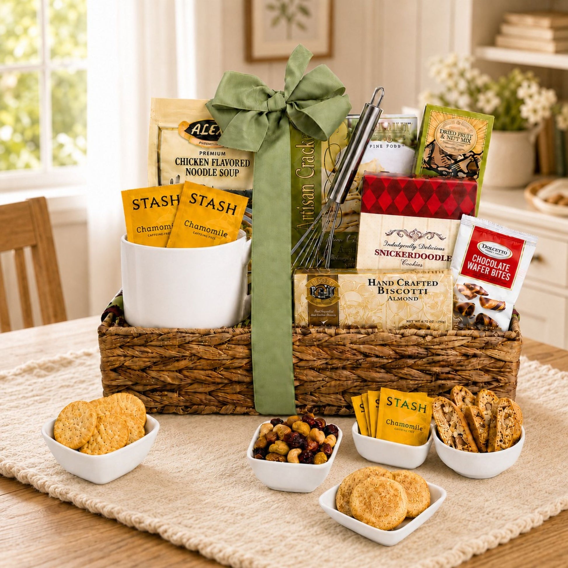 soup gift basket in wicker tray with food displayed
