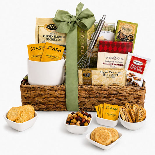 gift basket with soup, crackers, and cookies displayed in wicker basket
