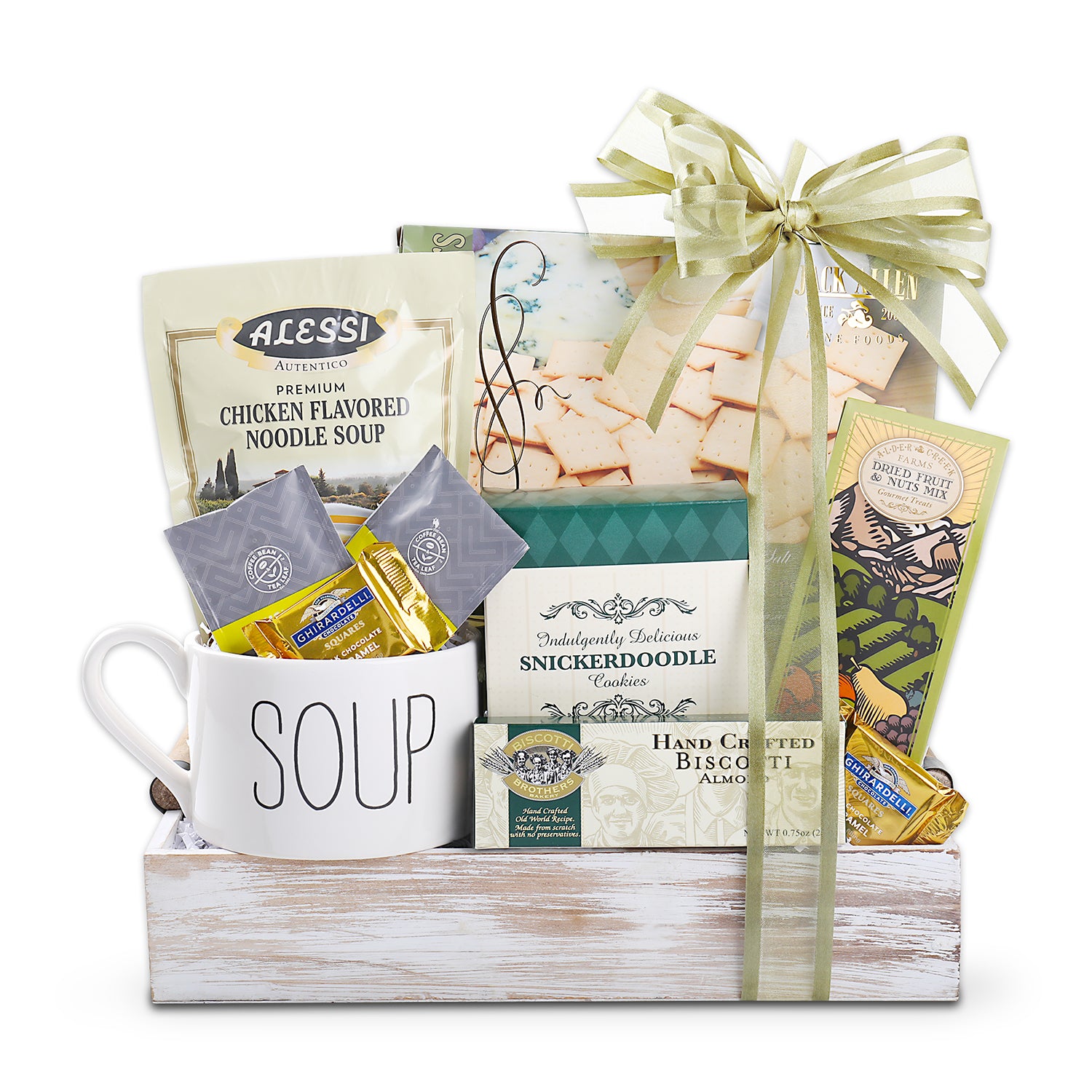 Artisan Olive Oil & Sea Salt Crackers (4oz.), Snickerdoodle Cookies (2oz.), Biscotti Brothers Handcrafted Almond Biscotti (0.75oz.), Alessi Premium Chicken Flavored Noodle Soup (6oz.), Dried Fruit & Nut Mix (1.5oz.), Coffee Bean & Tea Leaf Lemongrass Tea (2 pcs.), Ghirardelli Milk Chocolate and Caramel Tasting Squares (2pcs.), Large Soup Mug, Reusable Tray