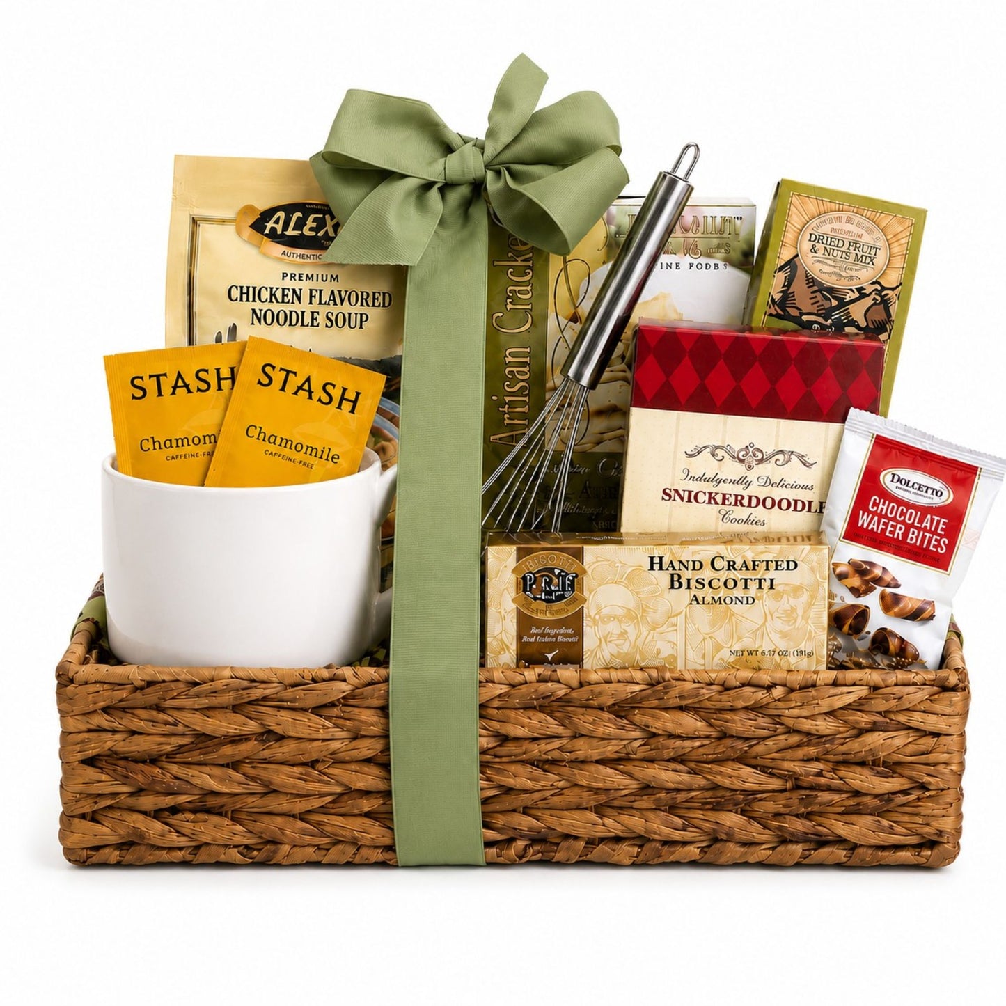 gift basket tray with contents displayed inside.