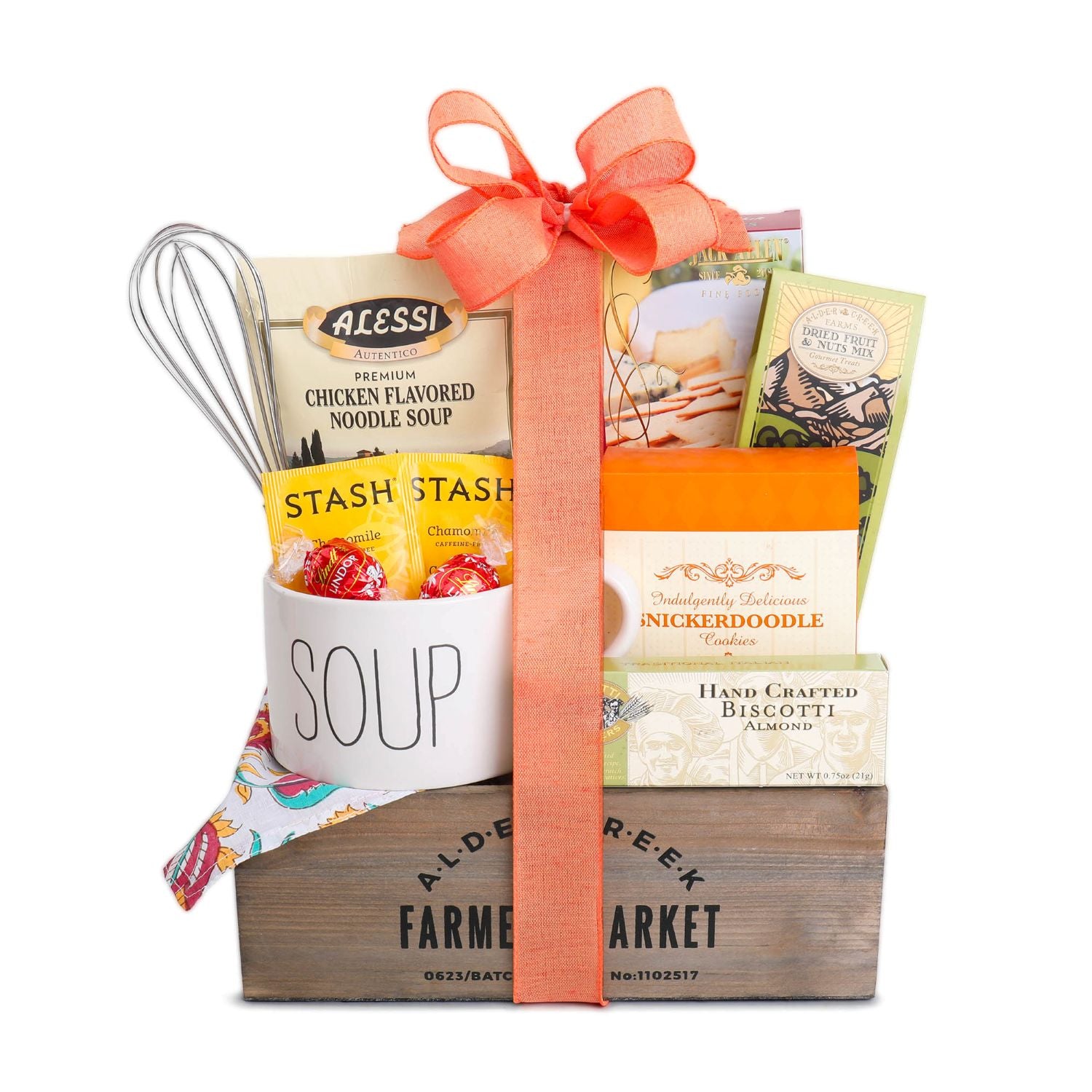 Gift basket with food items and a wooden crate labeled 'Farmer's Market' on a white background