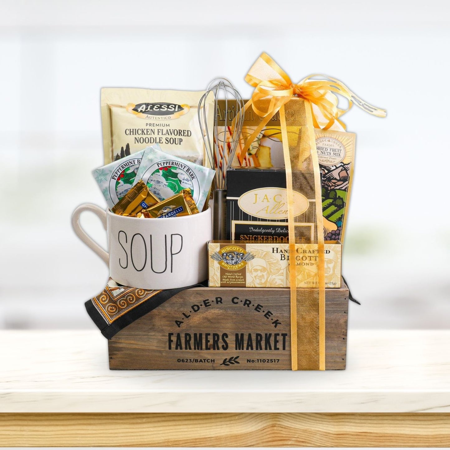 gift basket displayed on countertop