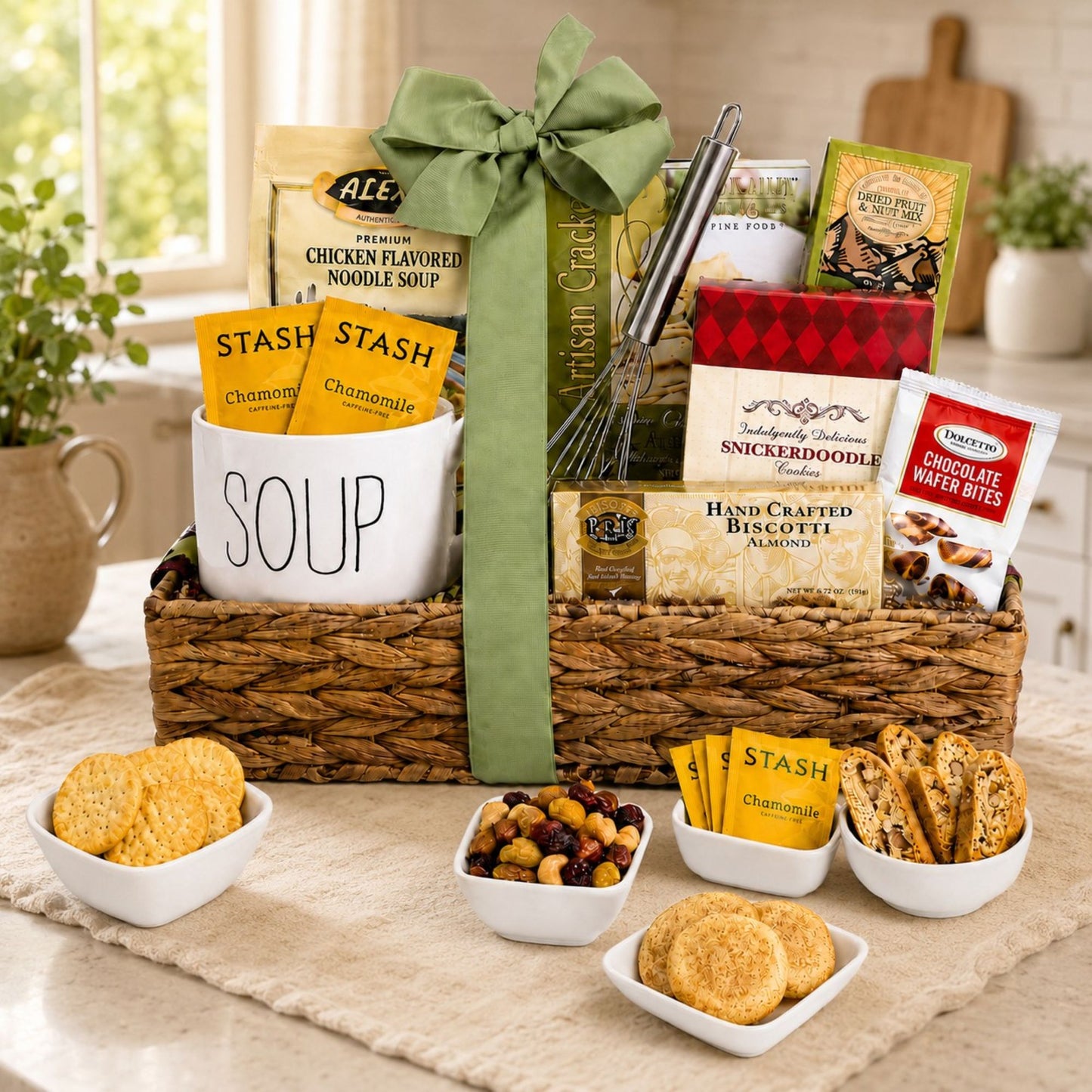 A woven gift basket filled with assorted snack and food items, tied with a large green bow, displayed on a table with bowls of cookies, nuts, and dried fruit in a bright kitchen setting.