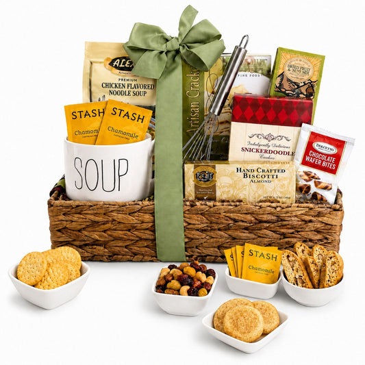 A gourmet gift basket filled with snacks and treats, tied with a large green ribbon. The basket contains a white ceramic mug labeled 'SOUP' with Stash chamomile tea packets, chicken noodle soup, handcrafted biscotti, chocolate wafer bites, dried fruit and nut mix, and other packaged snacks.