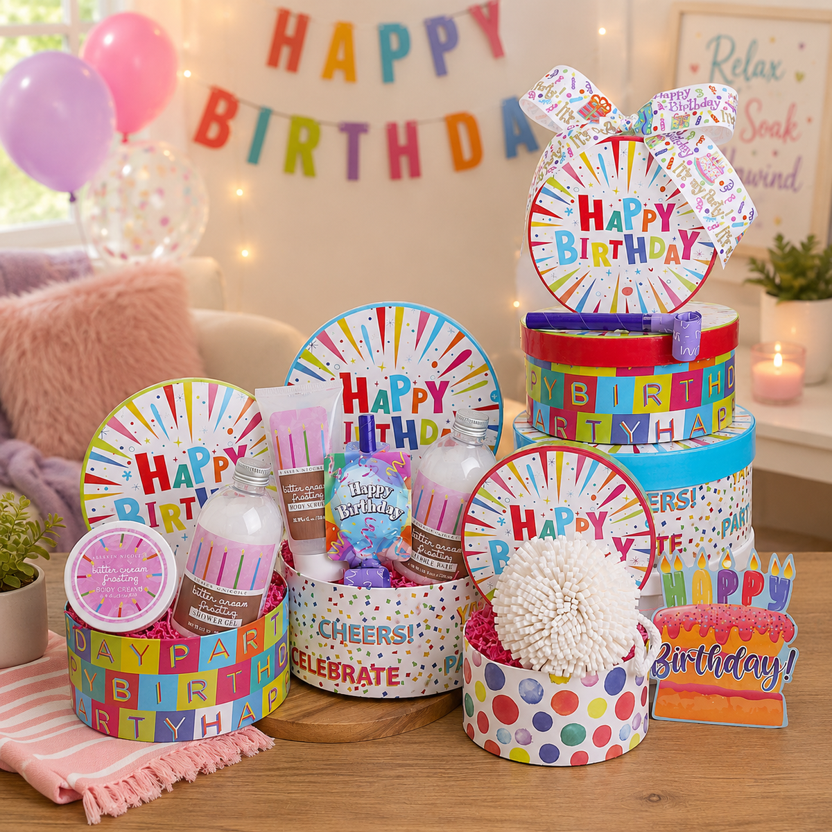Colorful birthday-themed party supplies including plates, cups, and a cake on a wooden table.