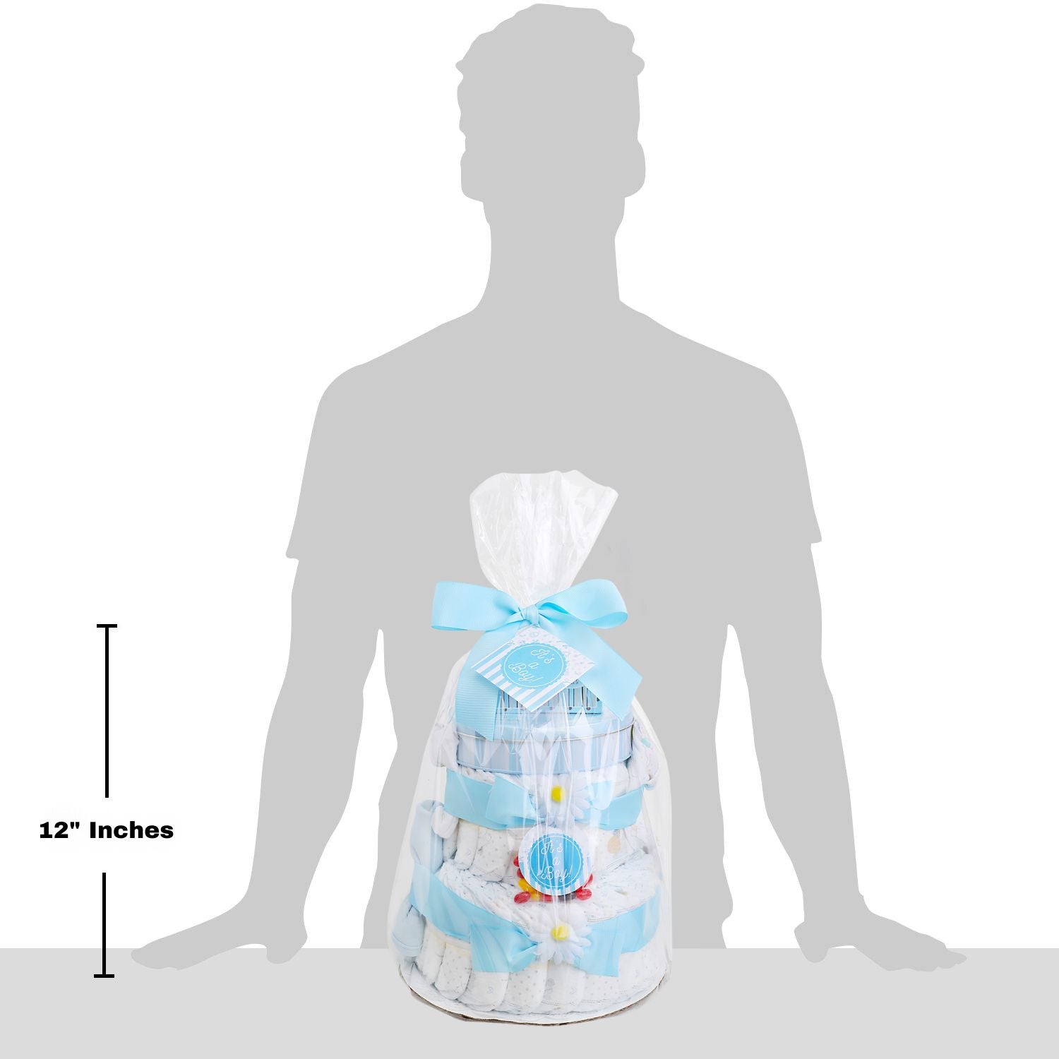 Packaged baby items with a blue ribbon, shown next to a silhouette of a person for scale.