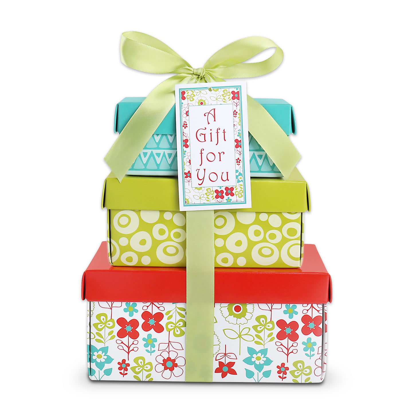 Stack of colorful gift boxes with a decorative ribbon and tag on a white background
