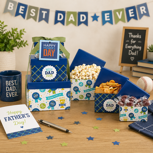 Father's Day gift set with snacks and a card on a table, decorated with 'Best Dad Ever' banner.