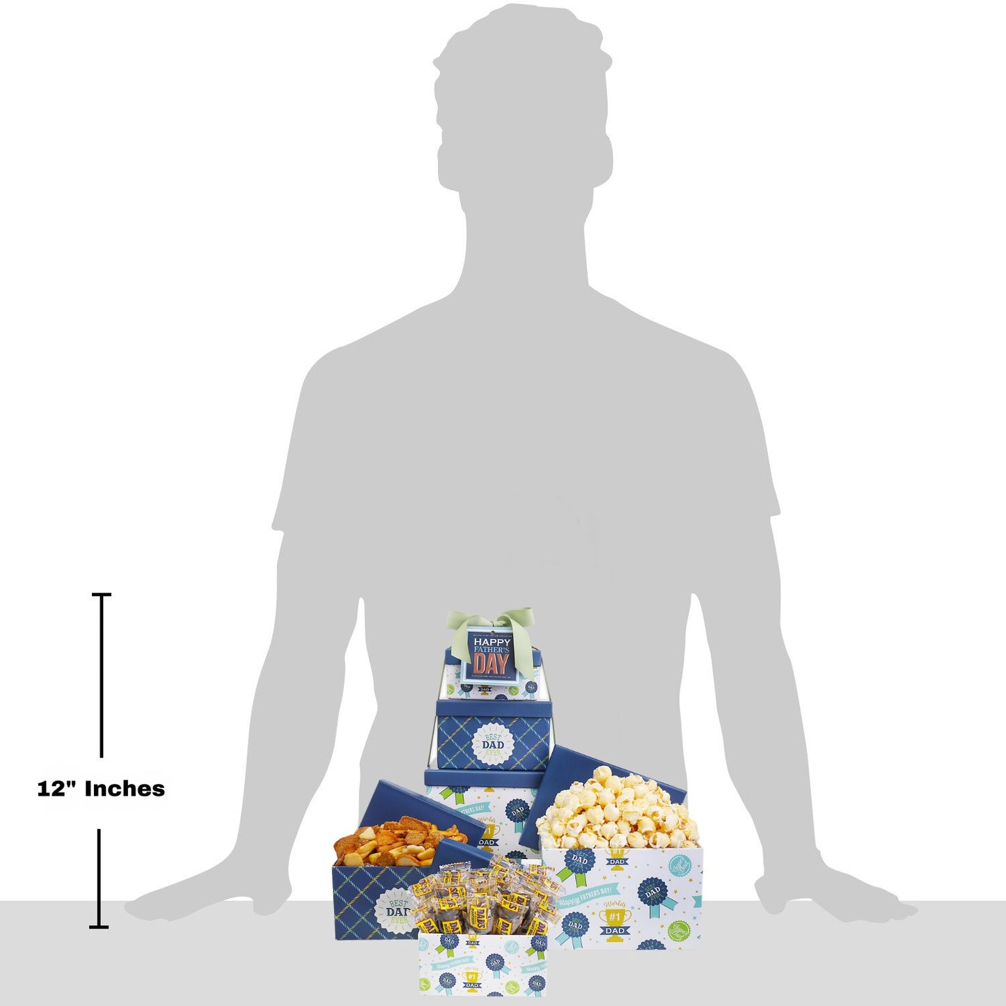 Silhouette of a person with a box of snacks and a 12-inch ruler for scale.