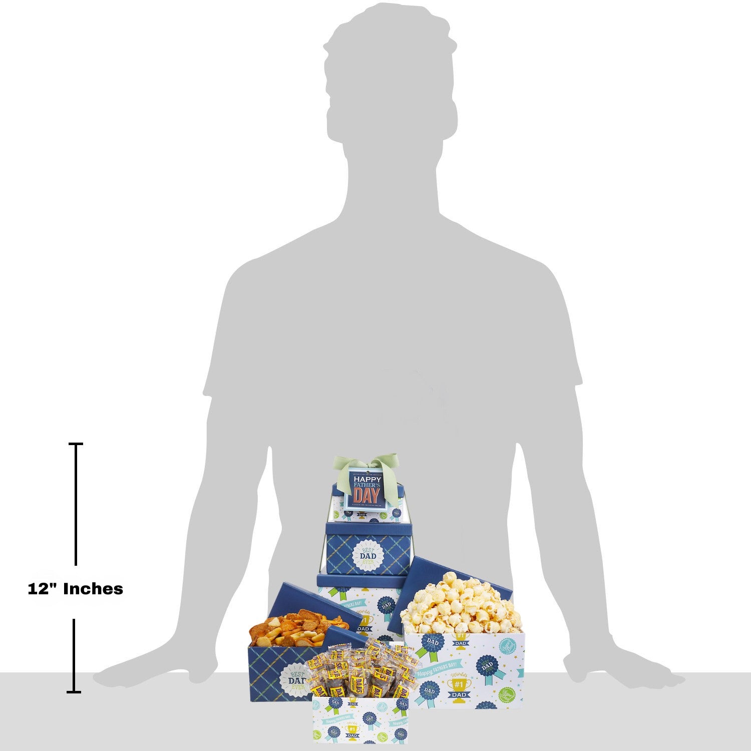 Silhouette of a person with a box of snacks and a 12-inch ruler for scale.