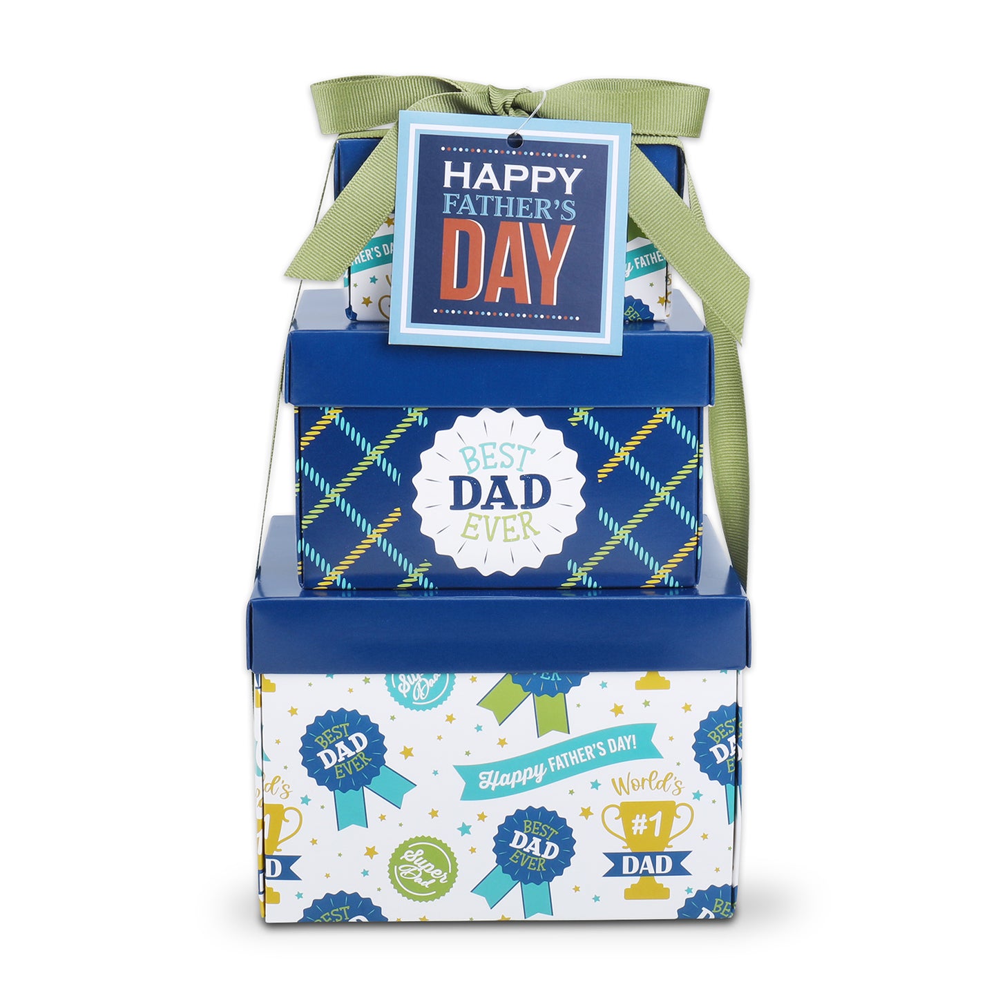 Stack of gift boxes with Father's Day-themed design on a white background