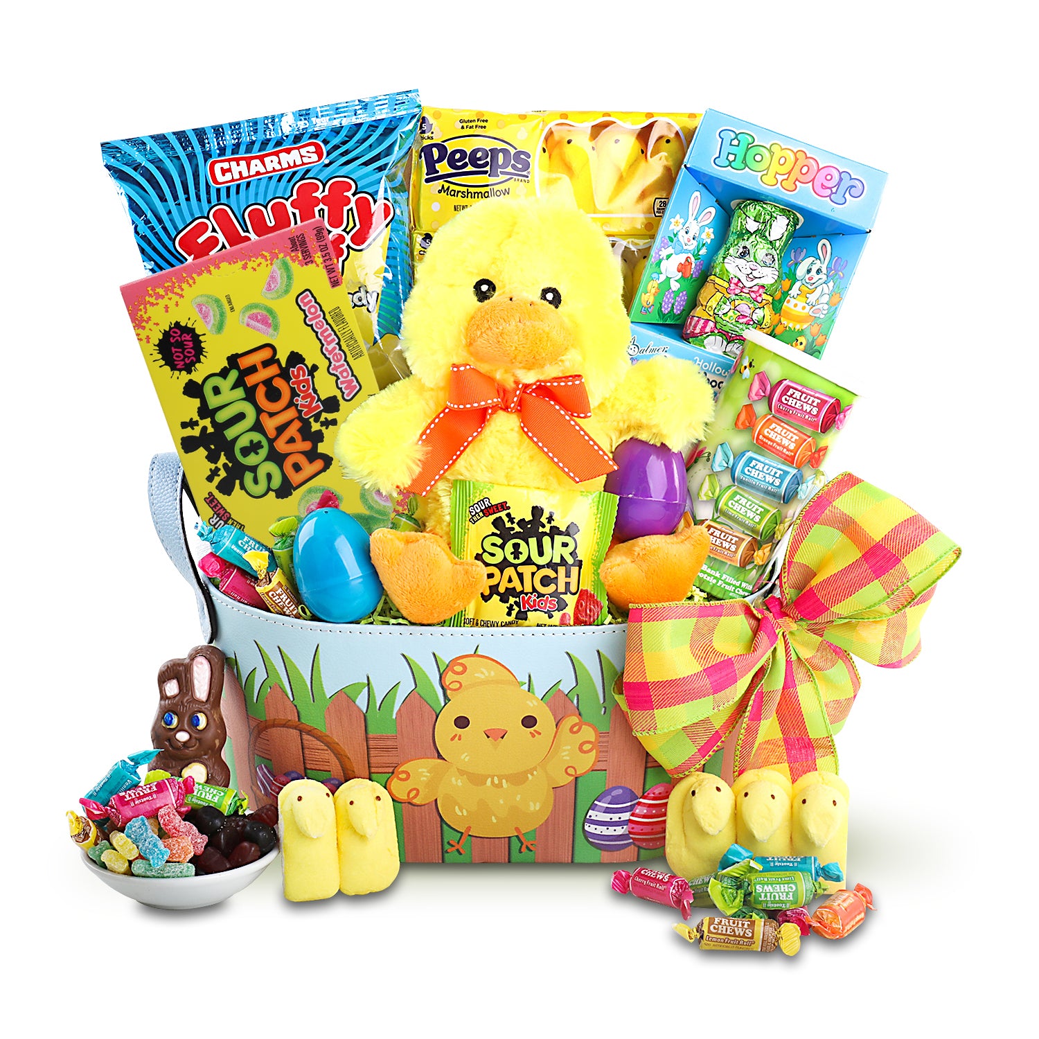 Easter Egg filled with Candy (2), Charms Fluffy Stuff Cotton Candy (2.5oz.), Peeps Yellow Chicks (10ct.), Sour Patch Watermelon (3.5oz.), Tootsie Fruit Chew Bank (4oz.), Sour Patch Kids Fun Size Bag (0.5oz.), Plush Duck, Easter Garden Basket