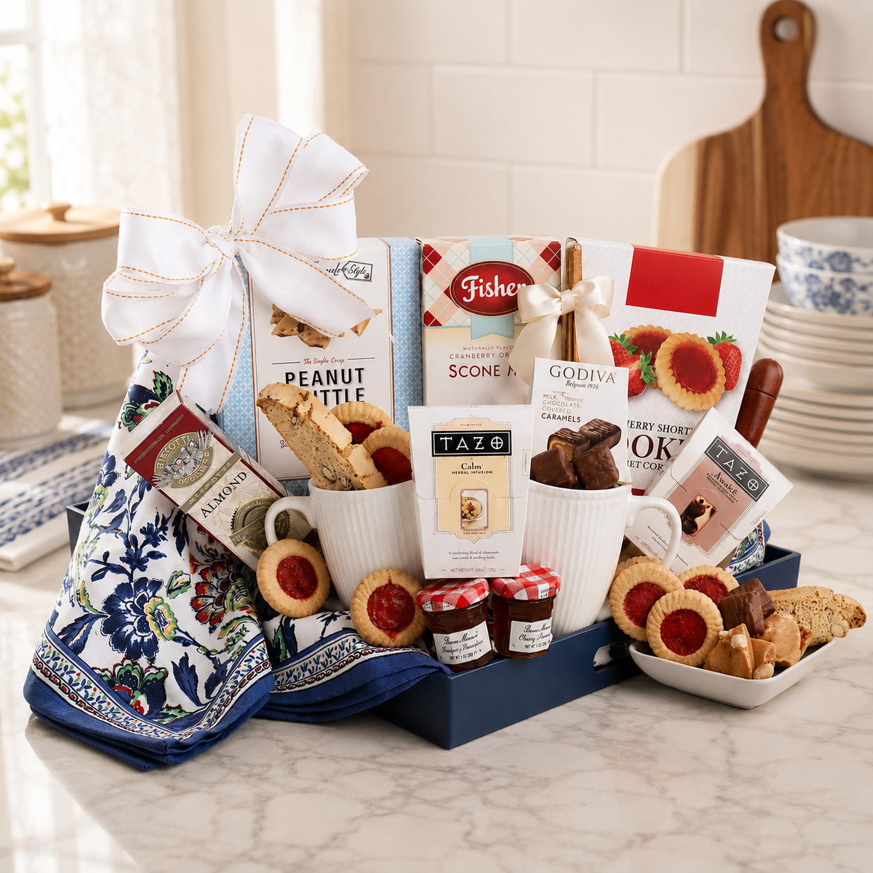 Gourmet gift basket with snacks and drinks on a kitchen counter