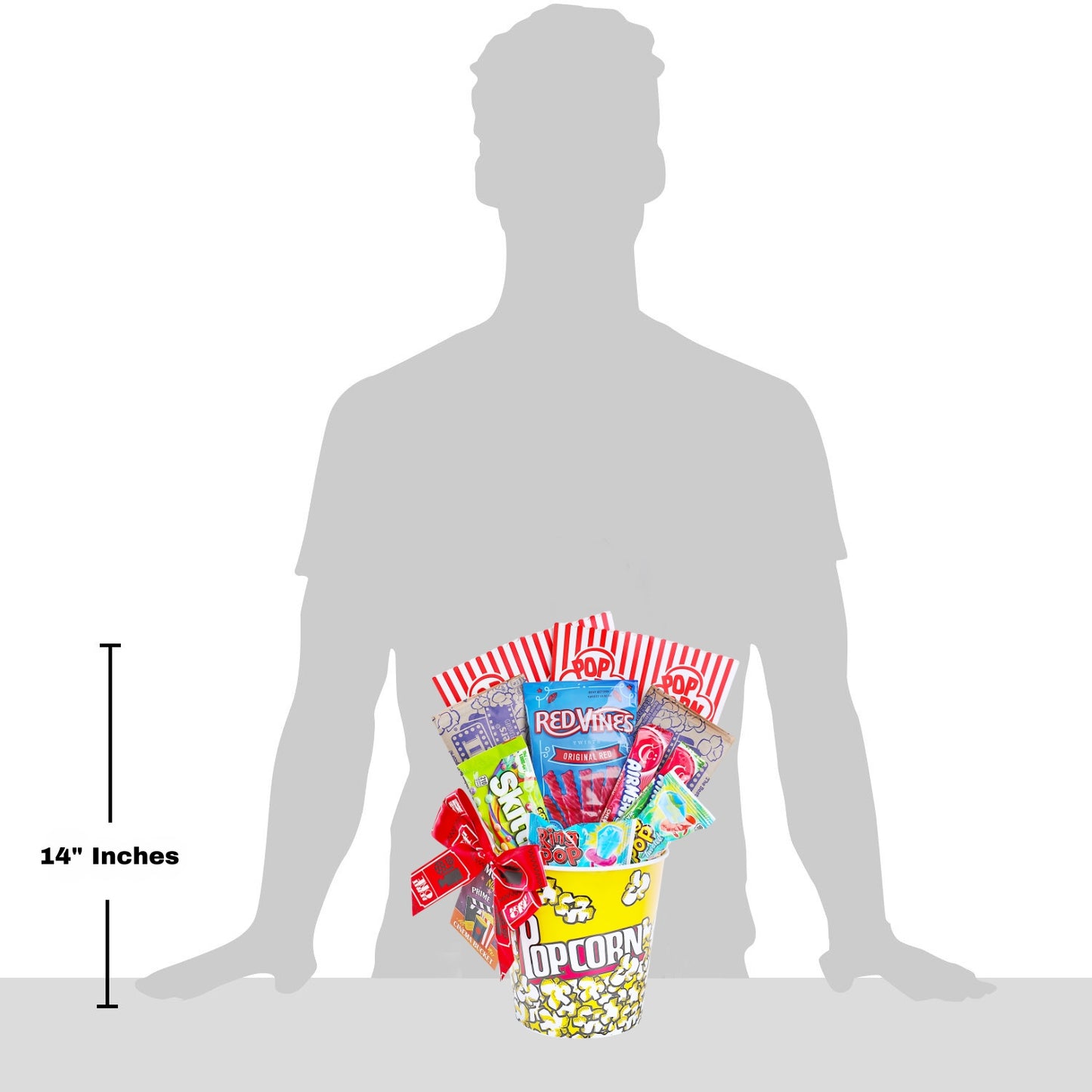 gift displayed in front of grey shadow man to illustrate size.