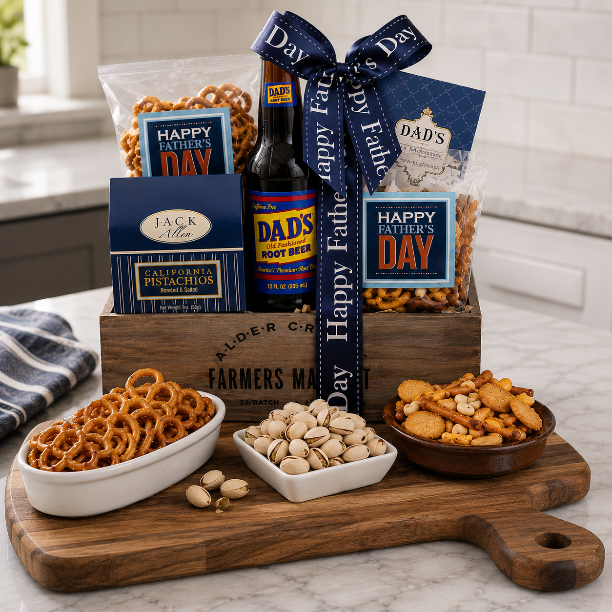 Father's Day gift basket with snacks and beer on a wooden tray.