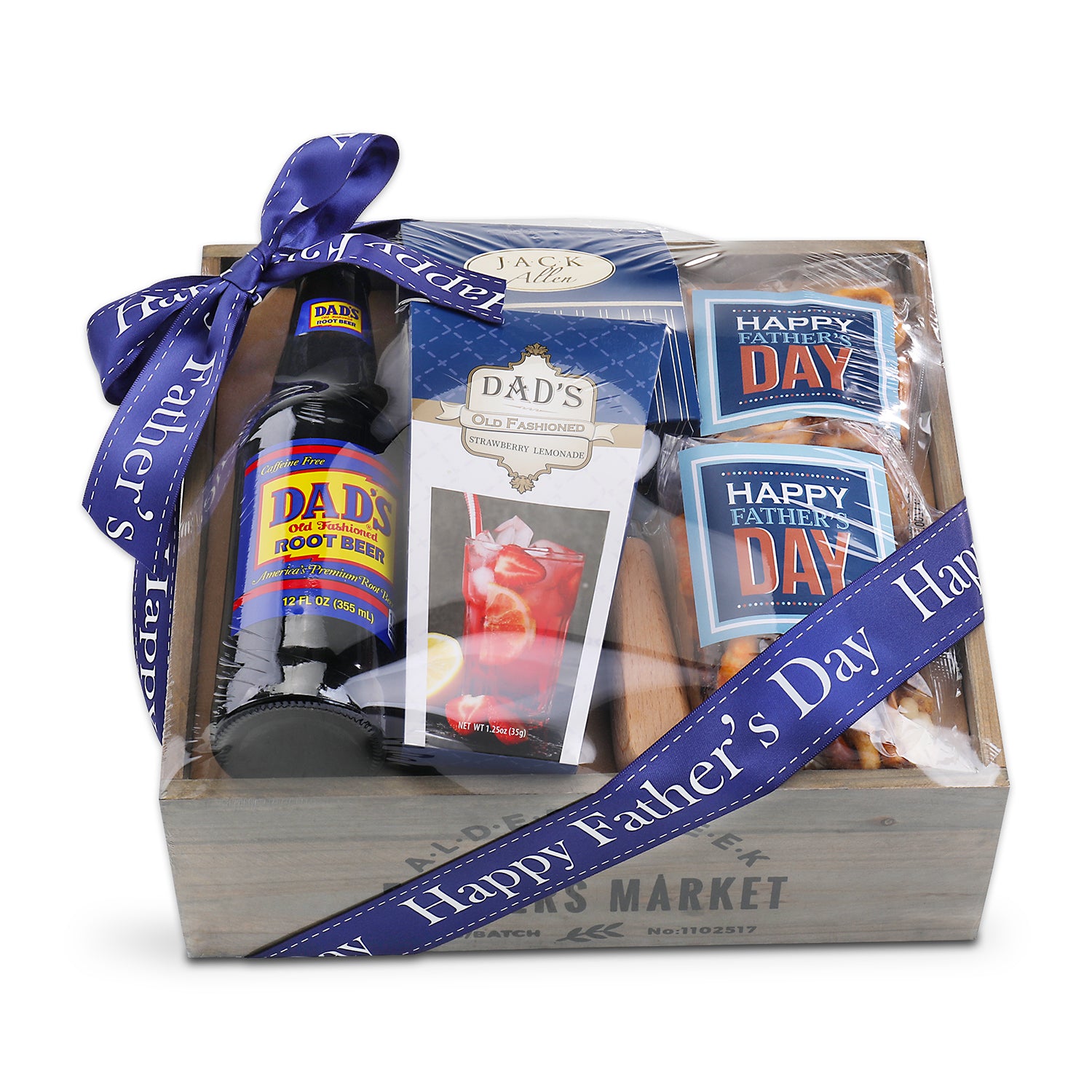 Gift basket with Dad's Root Beer, 'Happy Father's Day' cards, and a bottle of Jack Daniel's in a wooden box.