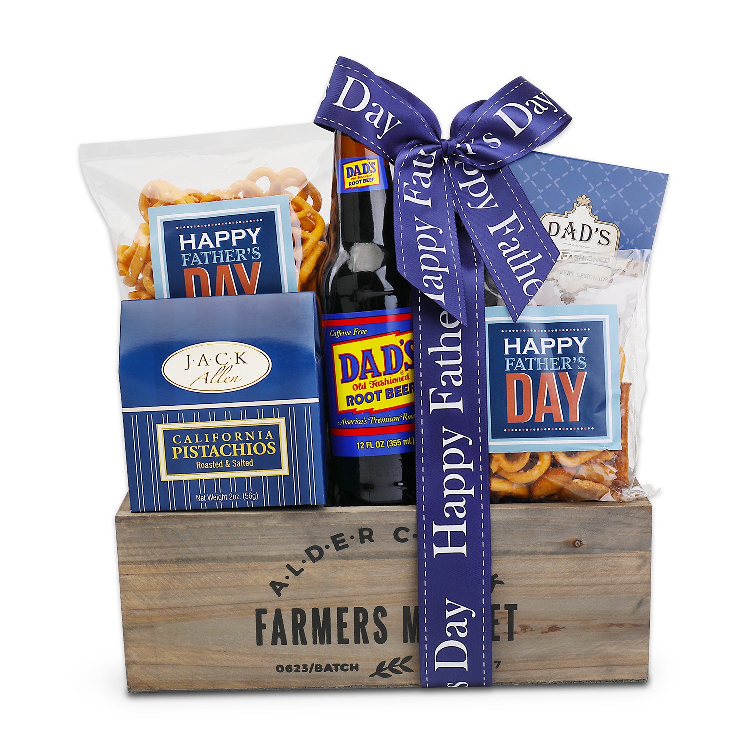 Father's Day gift basket with root beer, snacks, and a bow.