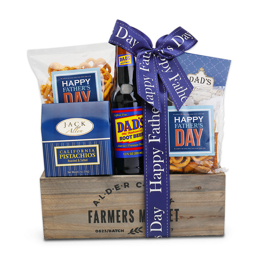 Father's Day gift basket with root beer, snacks, and a bow.